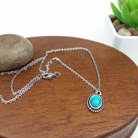 Turquoise Charm Silver Tone Chain Necklace - Picture 1 of 2